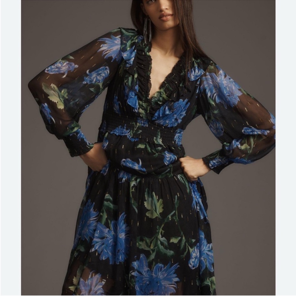 Anthropologie Odetta Purple Sundress with Long Bishop Sleeves and Ruffled V-Neck